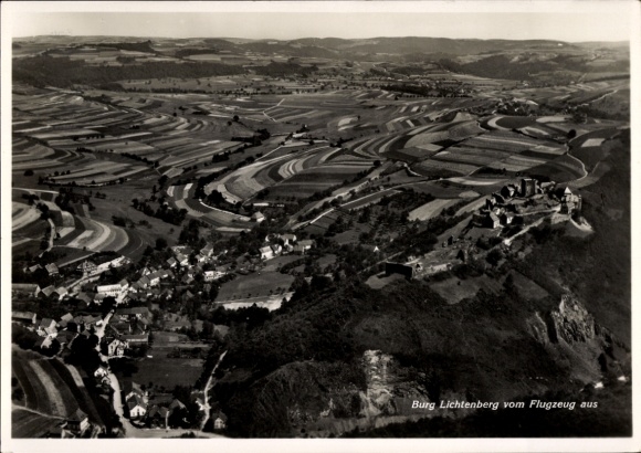 Postcard Thallichtenberg in the Palatinate, Lichtenberg Castle, aerial view of surrounding fields