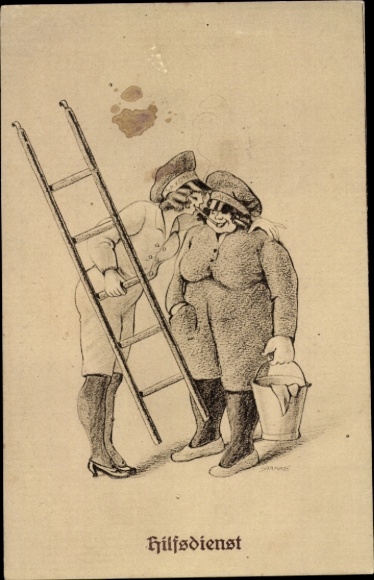 Postcard Hilfsdienst, women in uniforms, ladder, bucket