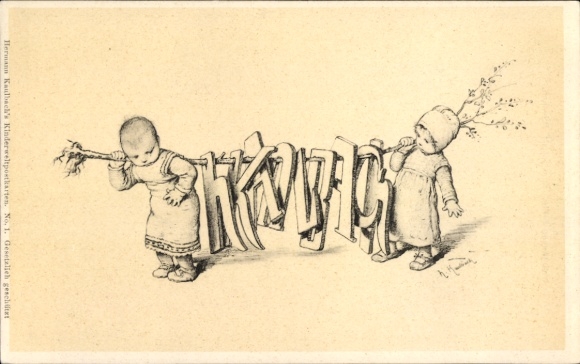 Artist Postcard Kaulbach, Hermann, Children carry young tree, hanging letters