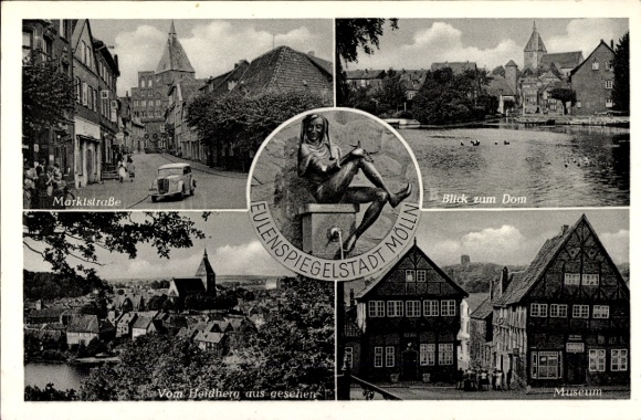 Postcard Mölln in the Duchy of Lauenburg, Marktstraße, view to the cathedral, museum, seen from Heldherg, Eu