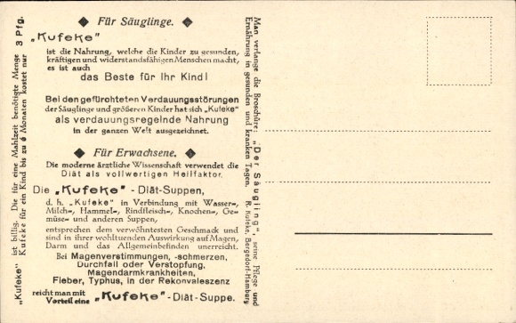Postcard Do you also drink Kufeke?, baby food, advertising, toddler, stuffed dog