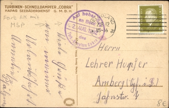 Artist PC Stöwer, Willy, HAPAG steamer Cobra, seaside resort service