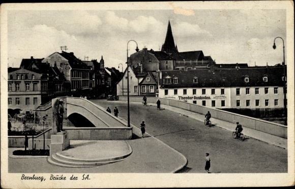 Postcard Bernburg an der Saale, SA bridge, Theodor Roskoden office building