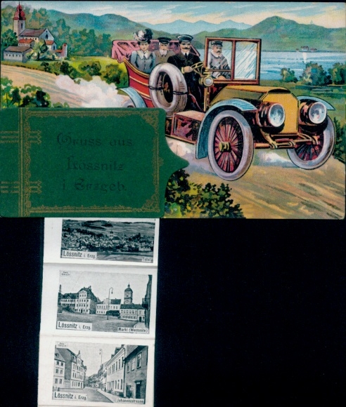Leporello Postcard Lößnitz Lössnitz in the Ore Mountains, excursion, convertible, market, long shot, street view