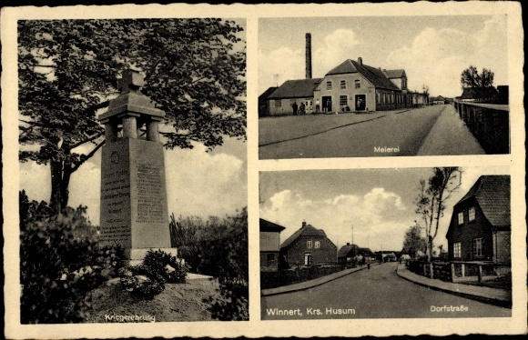 Ak Winnert in Noord-Friesland, zuivelfabriek, dorpsstraat, oorlogsmonument