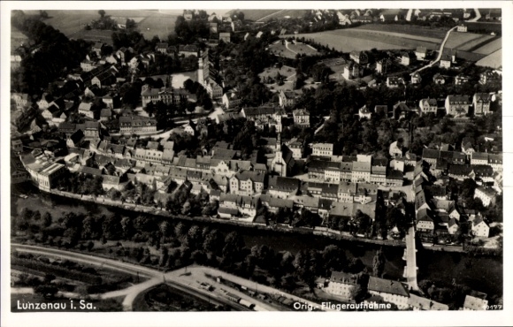 Postcard Lunzenau in Saxony, aerial photograph