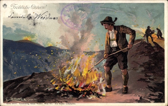 Künstler Ak Döcker, E., Ostern, Mann in Tracht, Lagerfeuer