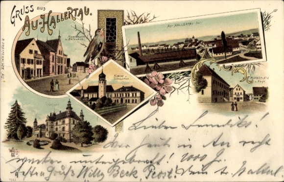 Chromo-Litho Au in der Hallertau Upper Bavaria, church, castle, schoolhouse, market square, town hall, post office, panorama