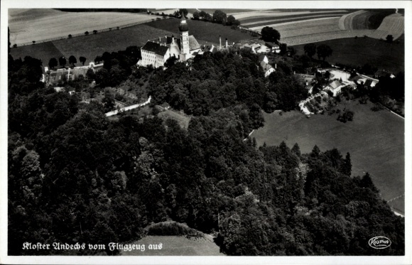 Postcard Andechs am Ammersee, Andechs Monastery, aerial photograph of the monastery surrounded by nature, photography