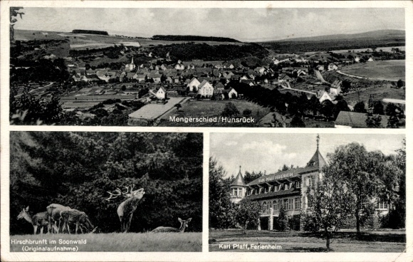 Postcard Mengerschied in the Hunsrück, general view, deer rut in the Soonwald, Karl Pfaff holiday home