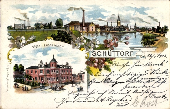 litho Schüttorf in het graafschap Bentheim, algemeen beeld, fabriek, Hotel Lindemann