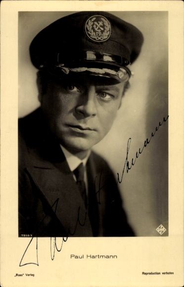 Postcard actor Paul Hartmann, portrait, captain's hat, autograph