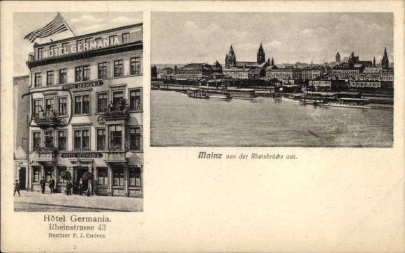 Postcard Mainz am Rhein, Rhine view, Hotel Germania, Rheinstraße 43