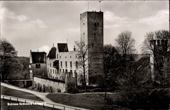 Postcard Grünwald near Munich, Burg Castle, tower, trees, path