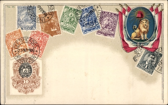 Embossed stamps coat of arms PC Paraguay, lion, flags