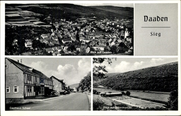 Postcard Daaden in the Westerwald, general view, Gasthaus Scheel, swimming pool