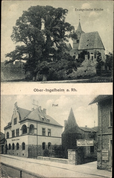 PC Ober Ingelheim am Rhein, view of the post office and the Evangelical Church