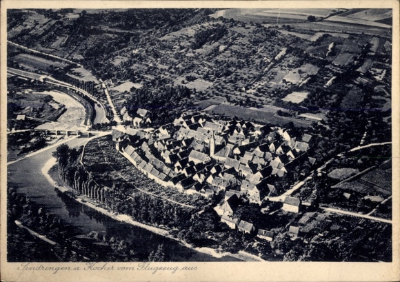 Postcard Sindringen Forchtenberg in Hohenlohekreis, Kocher, aerial photograph