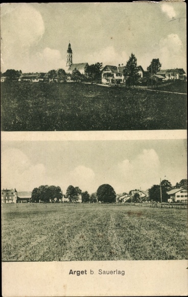 Postcard Arget Sauerlag Sauerlach in Upper Bavaria, town view with church, houses