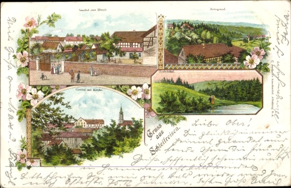 Chromo-Litho Schleifreisen in Thuringia, Zeitzgrund, Gasthof zum Hirsch, Church