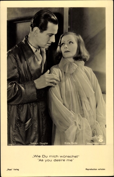 Postcard Actress Greta Garbo, Actor Melvyn Douglas, As You Wish Me