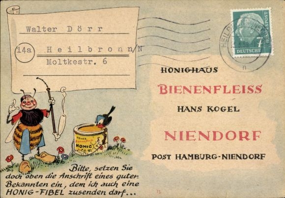 Postcard Hamburg Niendorf, advertising, Hans-Kogel-Honighaus bee diligence, bee, honey pot