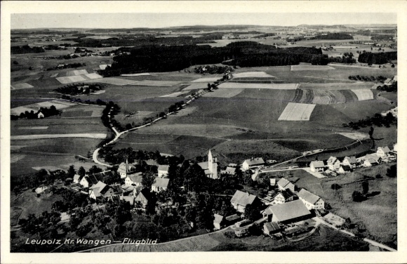 Postcard Leupolz Wangen im Allgäu, landscape photograph, aerial photograph, meadows, fields, church buildings, small