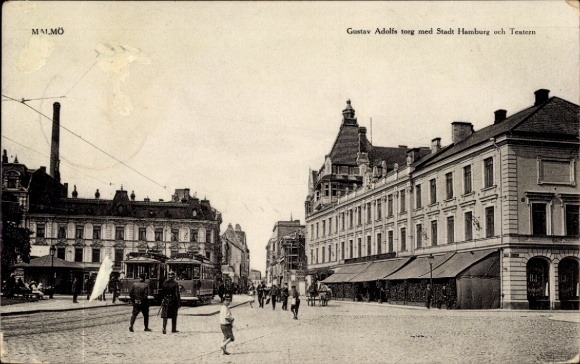 Postcard Malmö Sweden, street scene, theater, trams