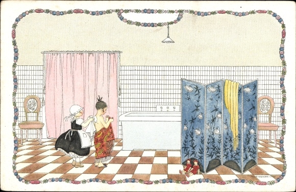 Artist Postcard Koehler, Mela, maid helps woman undress, bathtub