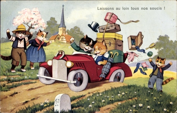 Postcard Vermenschlichte Katzen im Automobil, Gepäck, Let&#39;s leave all no worries behind