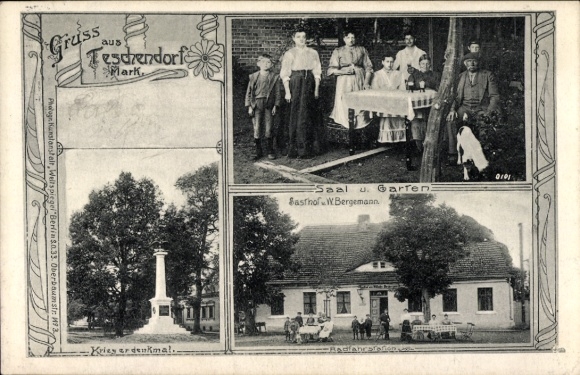 Postcard Teschendorf in der Mark, war memorial, Gasthof W. Bergemann, cycling station, garden