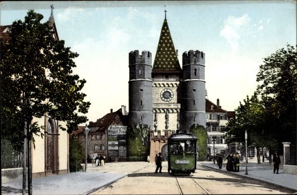 Postcard Bâle Basel Stadt Schweiz, Spalentor, Tram