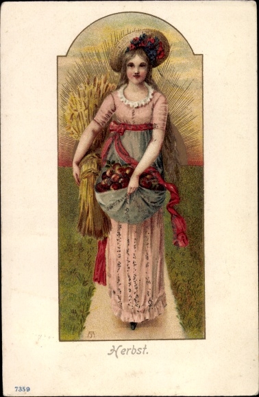 Artist Chromo-Litho Autumn, allegory, woman with apples and ears of grain