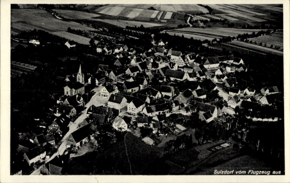 Postcard Sulzdorf Schwäbisch Hall in Württemberg, aerial view of church, many roofs, aerial photograph