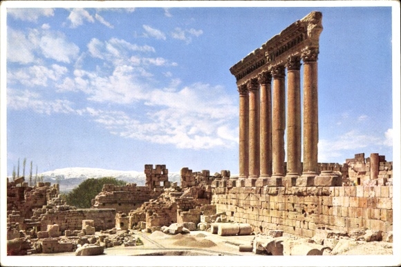 Ak Baalbek Libanon, Partie im Jupitertempel, sechs Säulen, Ruinen