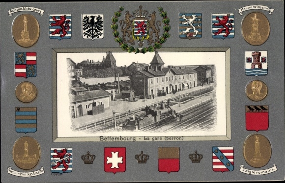 Embossed coat of arms Passepartout Postcard Bettemburg Bettembourg Luxemburg, la Gare, platform