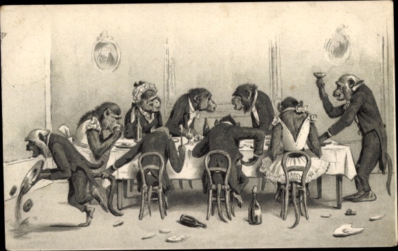Emboss Chromo-Litho Monkeys in suits at the table with champagne, waiters, humanities