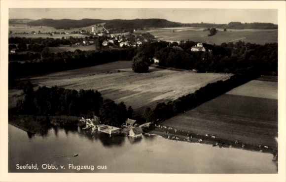 Postcard Seefeld Herrsching am Ammersee, aerial photograph, Pilsensee beach