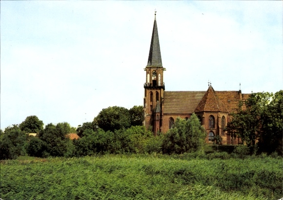 Postcard Ostseebad Wustrow Fischland, church, green meadows, tree landscape, blue sky