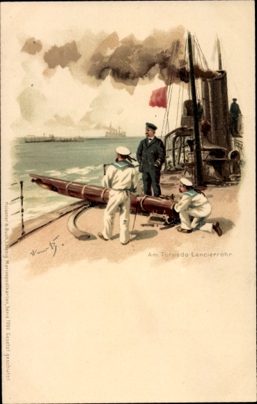 Kunstenaar litho Bohrdt, Hans, Bij de torpedo-lanceerbuis, Duitse matrozen, oorlogsschip
