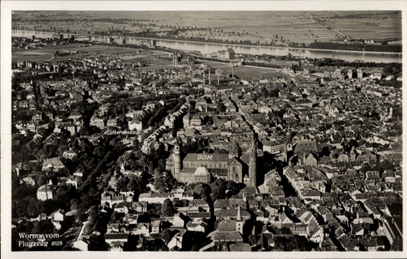 Postcard Worms am Rhein, aerial photograph, cathedral
