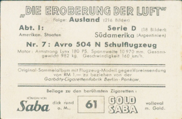 Collector's card The Conquest of the Air Dept. I Series D No. 7, Avro 504 N trainer aircraft, Argentina