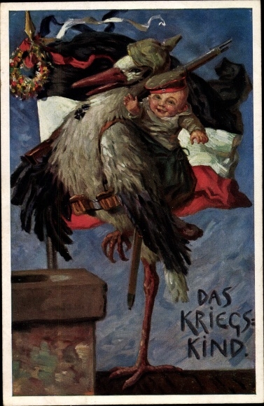 Artist Postcard The child of war, stork in uniform brings child in uniform