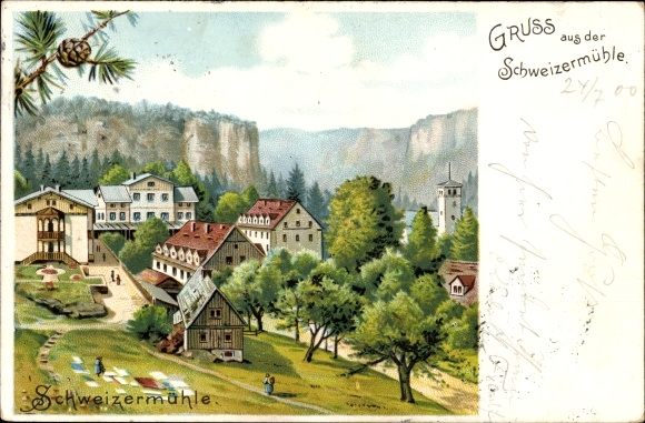 Litho Rosenthal Bielatal Schweizermühle, totaaloverzicht van het dorp, rotsen