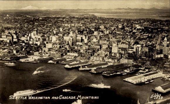 Ak Seattle Washington USA, Luftaufnahme,  Washington, Cascade Mountains, busy waterfront, Lake Wa