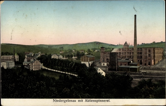 Golden Windows illuminated window Postcard Niedergelenau Gelenau in the Ore Mountains, stock spinning mill