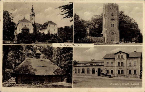 Postcard Machern in Saxony, castle, ruins, park, old farmhouse, inn, city of Leipzig