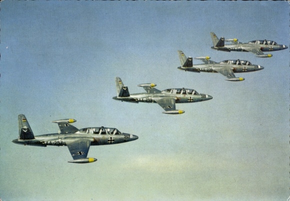 Postcard German Bundeswehr, jet trainer FOUGA-MAGISTER CM 170 R in association