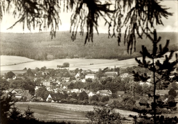 Postcard Stadtlengsfeld in the Rhön Thuringia, view of a small town, wooded hills, rural surroundings