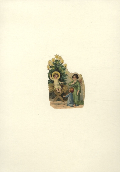Opłatek Dzieciątko Jezus w żłobie, choinka i aniołek, wymiary ok. 9,5 x 6,5 cm